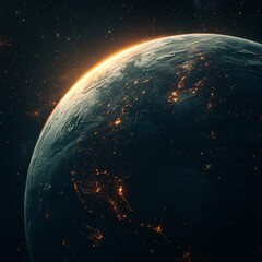 A futuristic depiction of Earth with a space station orbiting in the background, symbolizing the intersection of technology, sci-fi, and business. The minimalist design emphasizes the vastness of spac