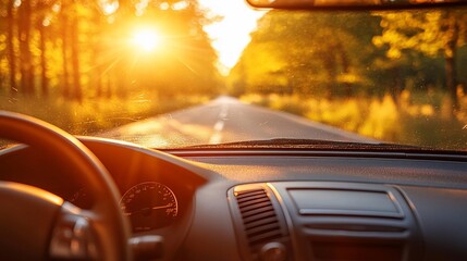 Sunlit road view from car interior.