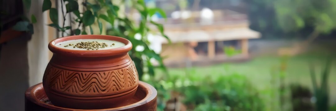 Clay pot with chaas topped with roasted cumin &ndash; Great for traditional food, Indian culture, or rustic lifestyle content.