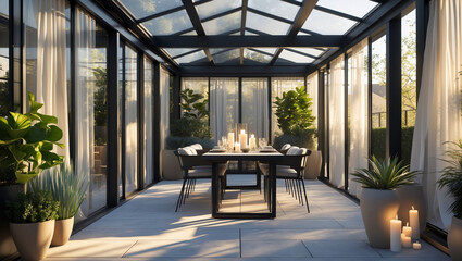 Fototapeta premium Serene evening dinner party in a sun-drenched glass conservatory, bathed in warm golden light and featuring elegant modern furnishings.
