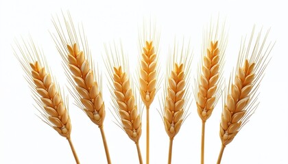 Wheat ears heads set isolated on white background. Ripe golden spikelets plants. Agriculture harvest concept. Natural cereal grain food. Farming rural production, autumn season, eco.