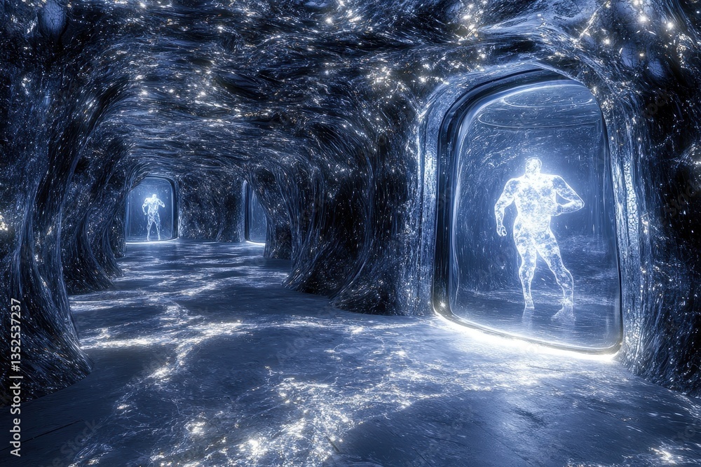 Poster abstract corridor features glowing figures within a dark cavern setting