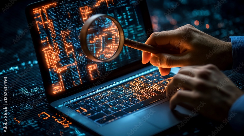 Poster cyber security expert analyzing code on laptop