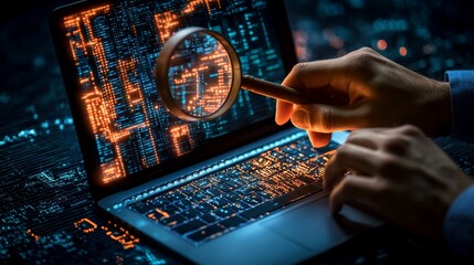 Cyber security expert analyzing code on laptop