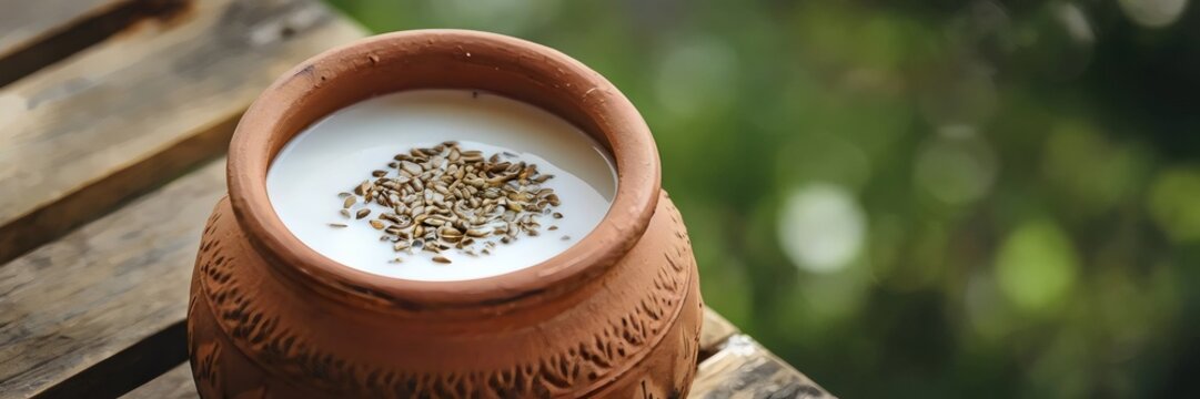 Clay pot of chaas with roasted cumin on wooden surface &ndash; Perfect for Indian food blogs, traditional beverage marketing, or rustic aesthetics.