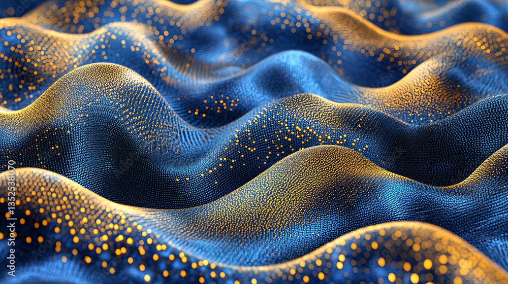 Poster abstract gold blue digital particles wave and digital data network connections for a technology, com