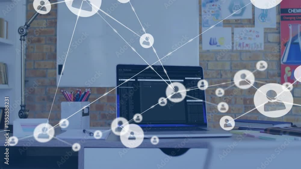 Aufkleber network of connections and data processing animation over office desk with laptop
