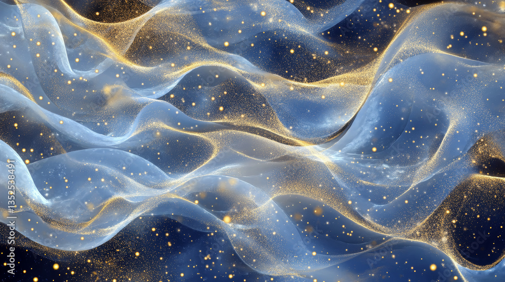 Poster abstract gold blue digital particles wave and digital data network connections for a technology, com