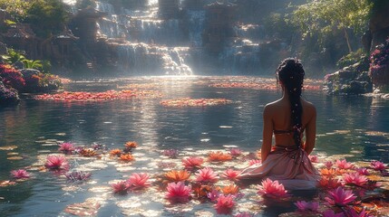 Woman sits among water lilies by tiered waterfall, tranquil and beautiful scene