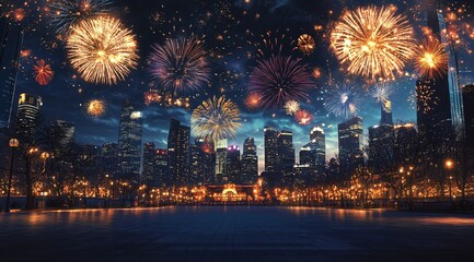 Fototapeta premium A nighttime cityscape featuring fireworks above, with a spacious square, road surface, and parking lot below, ideal for a car advertisement. The image showcases a modern commercial setting, capturing 