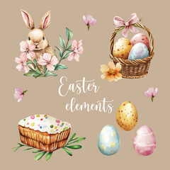 Set of Easter elements with decorated eggs, flowers, bunny and basket painted with watercolors. Holiday elements for poster, card, print