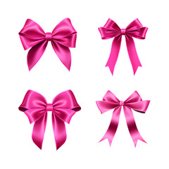 Set of decorative bright pink bows isolated on a transparent background. Vector illustration