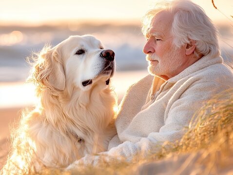 Man with dog on the ocean shore. Generative AI
