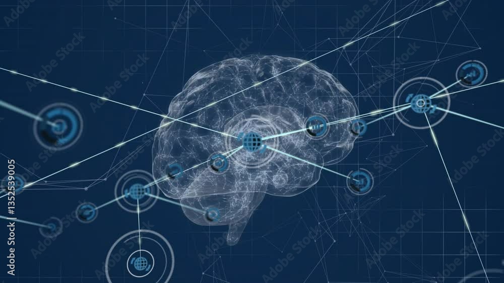 Poster animation of digital brain with interconnected nodes, showcasing neural network technology