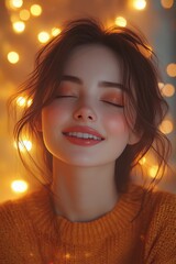 Woman smiling, eyes closed, in golden light and orange knit sweater, soft skin