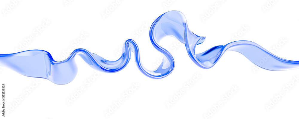 Poster a dynamic, fluid splash of translucent blue liquid or gel on white background. wave curve with sense
