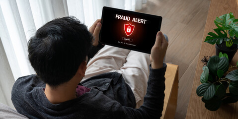Cyber security software show alert of cyber attack for protection snugly. Danger from virus,...