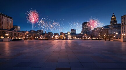 A nighttime cityscape featuring fireworks above, with a spacious square, road surface, and parking lot below, ideal for a car advertisement. The image showcases a modern commercial setting, capturing 