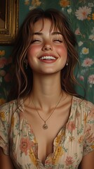 Woman smiling, floral dress, happy expression, green floral wall backdrop