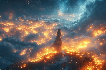 Woman standing atop a sea of glowing lights under a dramatic, cloudy sky