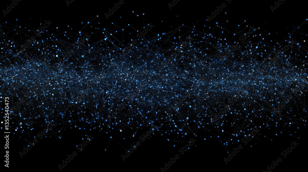 Poster abstract blue connected dots and lines with a blank space in the middle of a dark background. connec