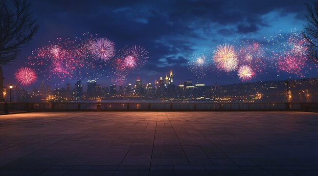 A nighttime cityscape featuring fireworks above, with a spacious square, road surface, and parking lot below, ideal for a car advertisement. The image showcases a modern commercial setting, capturing 