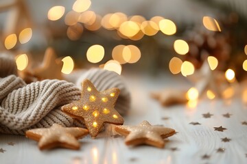 blurred golden lights and star icons floating over ivory background