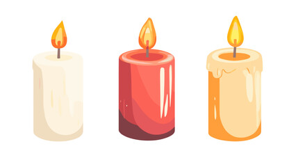 Modern illustration of colorful candles with lively flames on a white background showcasing their unique shapes and textures