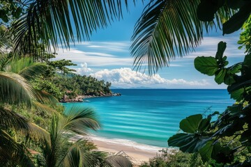 Fototapeta premium Tropical beach with palm trees and crystal clear turquoise water under a bright blue sky