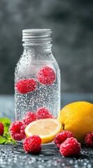 Refreshing drink with raspberries and lemon in bottle on table, dark background