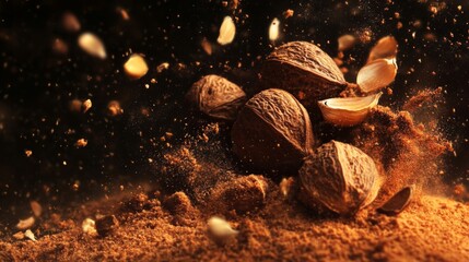 Ground Nutmeg Spice Explosion On Dark Background
