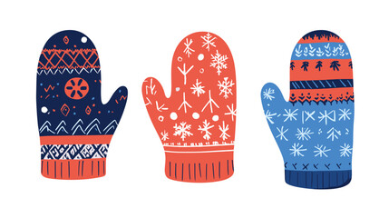 Set of three modern illustrated mittens featuring unique patterns and colors perfect for winter weather and fashion