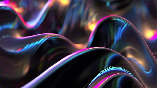 Shiny holographic black waves reflecting pink and blue neon light with smooth abstract folds. Cyber glitch aesthetic visual concept