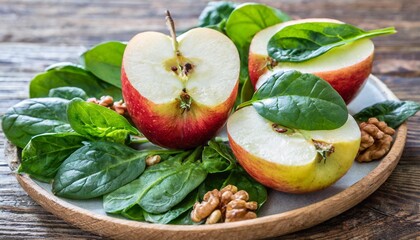 sliced apples with spinach and walnuts