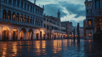 Naklejka premium Ornate buildings reflecting on a wet plaza