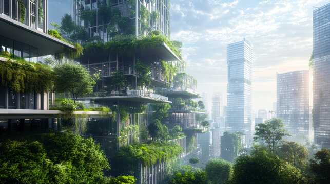 A modern urban landscape intertwined with environmental technology, highlighting the goals of sustainable development (SDGs)