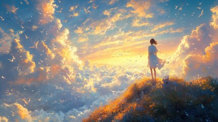 Woman watches stunning sunset with dramatic clouds from hill, birds flying