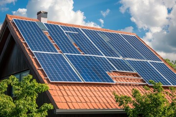 Fototapeta premium Solar panel installation on a residential rooftop contributing to renewable energy