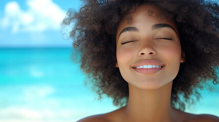 Woman with afro enjoys serene bliss against the vibrant tropical backdrop