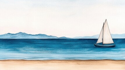 Obraz premium Seascape Painting Sailboat on Calm Blue Sea with Distant Mountains