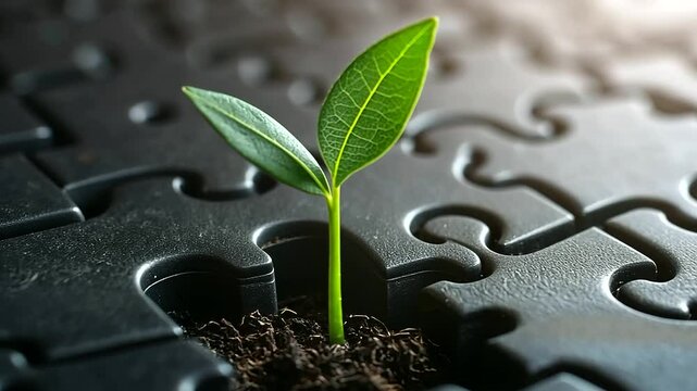 A close-up of puzzle pieces forming a circular pattern, with a single green seedling growing in the center, visually depicting sustainability as the missing piece in strategic deve