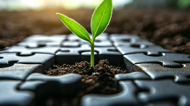A close-up of puzzle pieces forming a circular pattern, with a single green seedling growing in the center, visually depicting sustainability as the missing piece in strategic deve