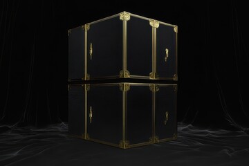 Two stacked vintage black and gold trimmed trunks on a black background