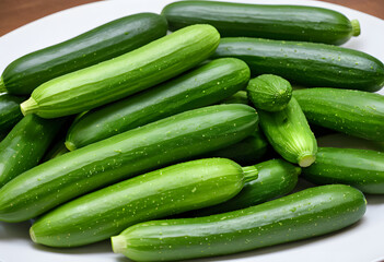 A pile of crisp, green zucchinis, each perfectly shaped and smooth.