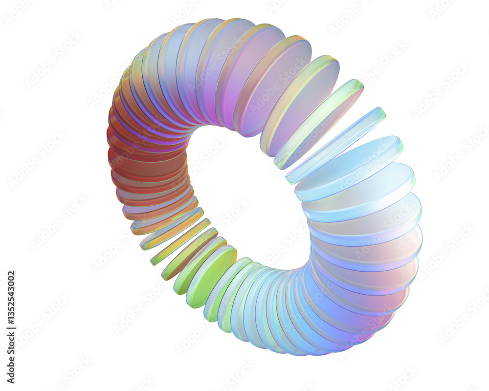 Poster Abstract 3D rendering segmented toroidal shape against a black background. Geometric shape with multicolored gradient of pastel colors