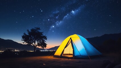 A night scene of a camping tent in the desert, surrounded by a clear sky filled with the Milky Way's bright stars