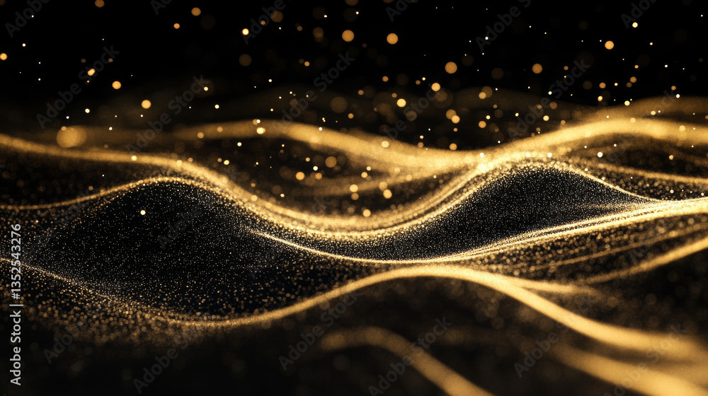 Poster abstract black and gold color digital particles wave with bokeh background
