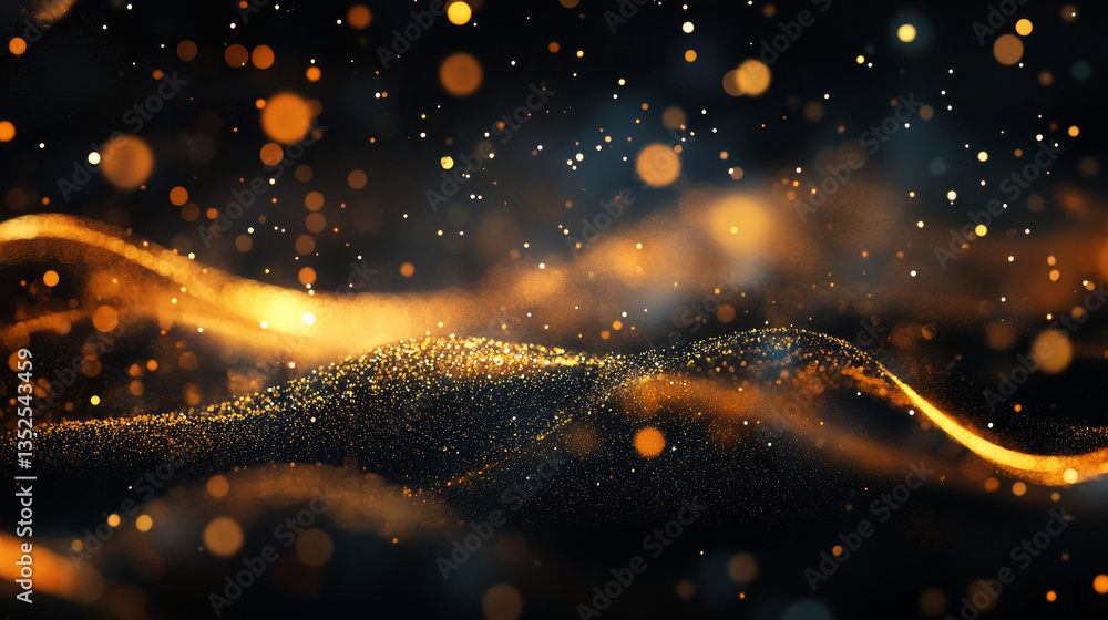 Poster abstract black and gold color digital particles wave with bokeh background