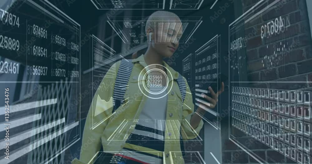 Poster using smartphone with animation overlay, person interacting with data in school