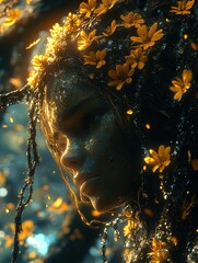 Woman with flowers woven into hair, adorned with glittering gold particles